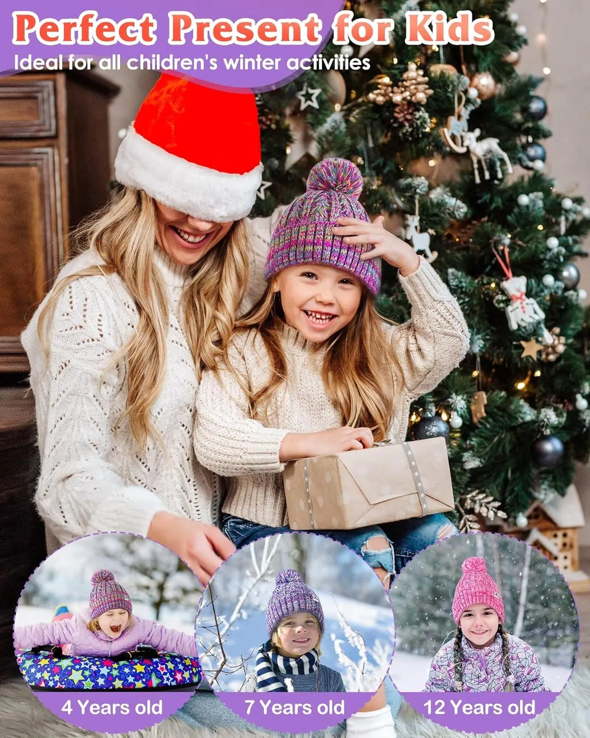 HAITHO Kids Toddler Winter Hat with Pom Pom, 2 Size Kids Beanie Hats for Girls Boys, Cute Warm Fleece Lined Knit Beanies Cap