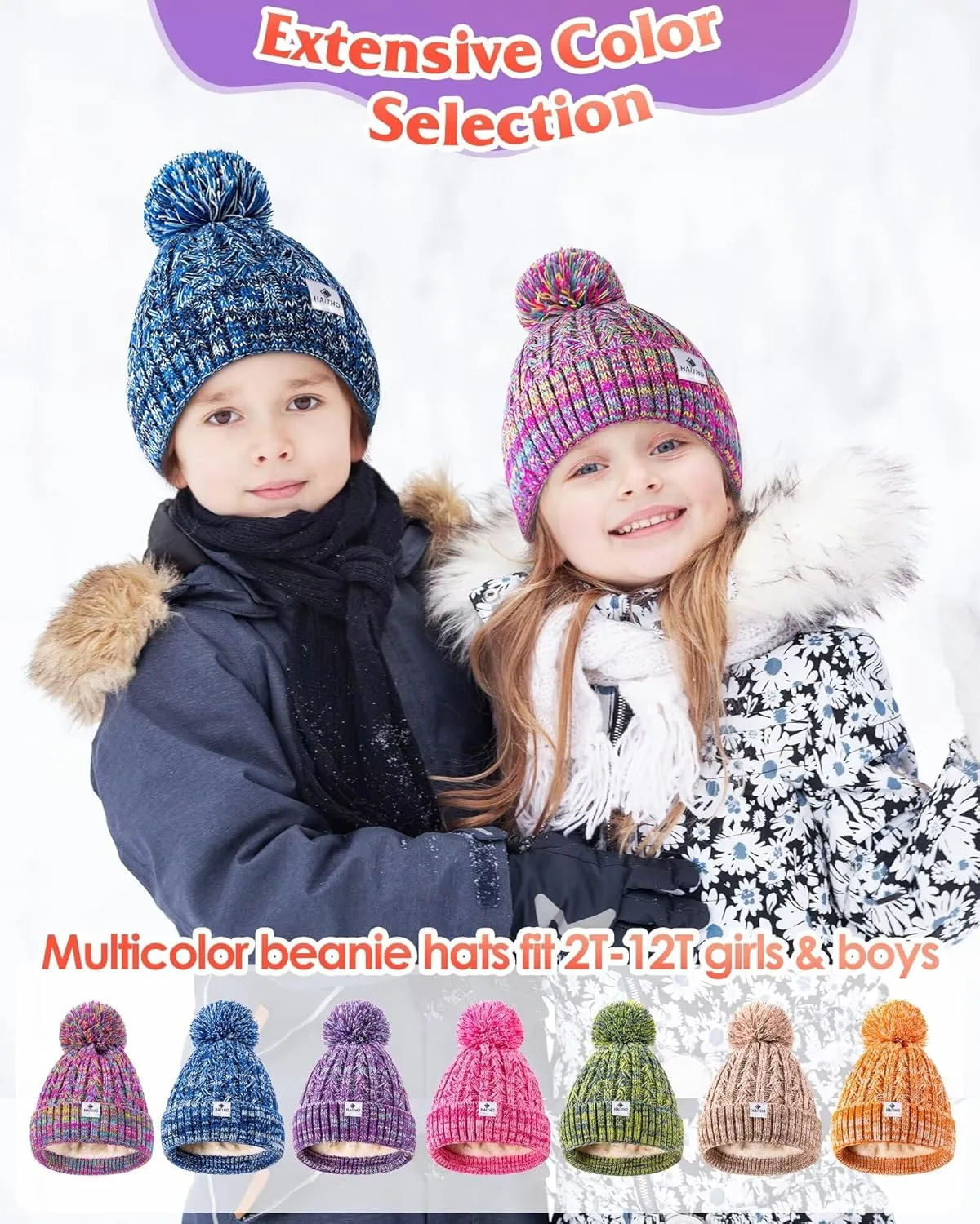 HAITHO Kids Toddler Winter Hat with Pom Pom, 2 Size Kids Beanie Hats for Girls Boys, Cute Warm Fleece Lined Knit Beanies Cap