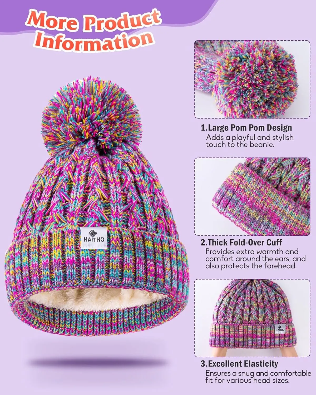 HAITHO Kids Toddler Winter Hat with Pom Pom, 2 Size Kids Beanie Hats for Girls Boys, Cute Warm Fleece Lined Knit Beanies Cap