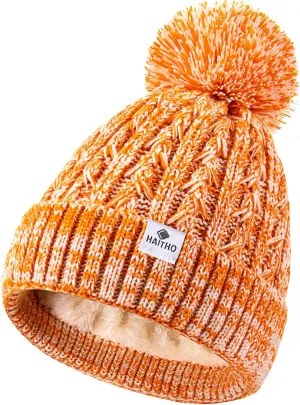 HAITHO Kids Toddler Winter Hat with Pom Pom, 2 Size Kids Beanie Hats for Girls Boys, Cute Warm Fleece Lined Knit Beanies Cap