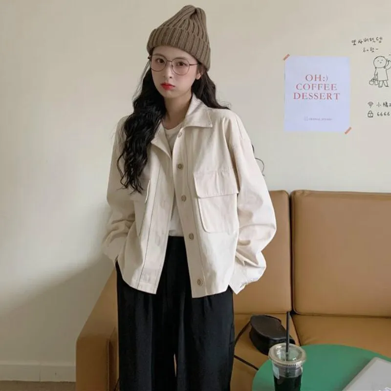 Joskaa Christmas Gift Jackets Womens Loose Turn-down Collar Korean Vintage New Autumn Casual Pockets Single-breasted Cargo Style Femme High Street 2XL