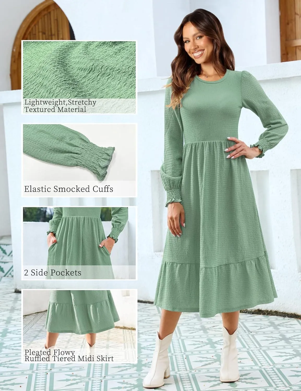 Kranda Women 2025 Fall Spring Long Sleeve Crewneck Causal Flowy Pleated Tiered A-Line Wedding Party Midi Dresses with Pockets