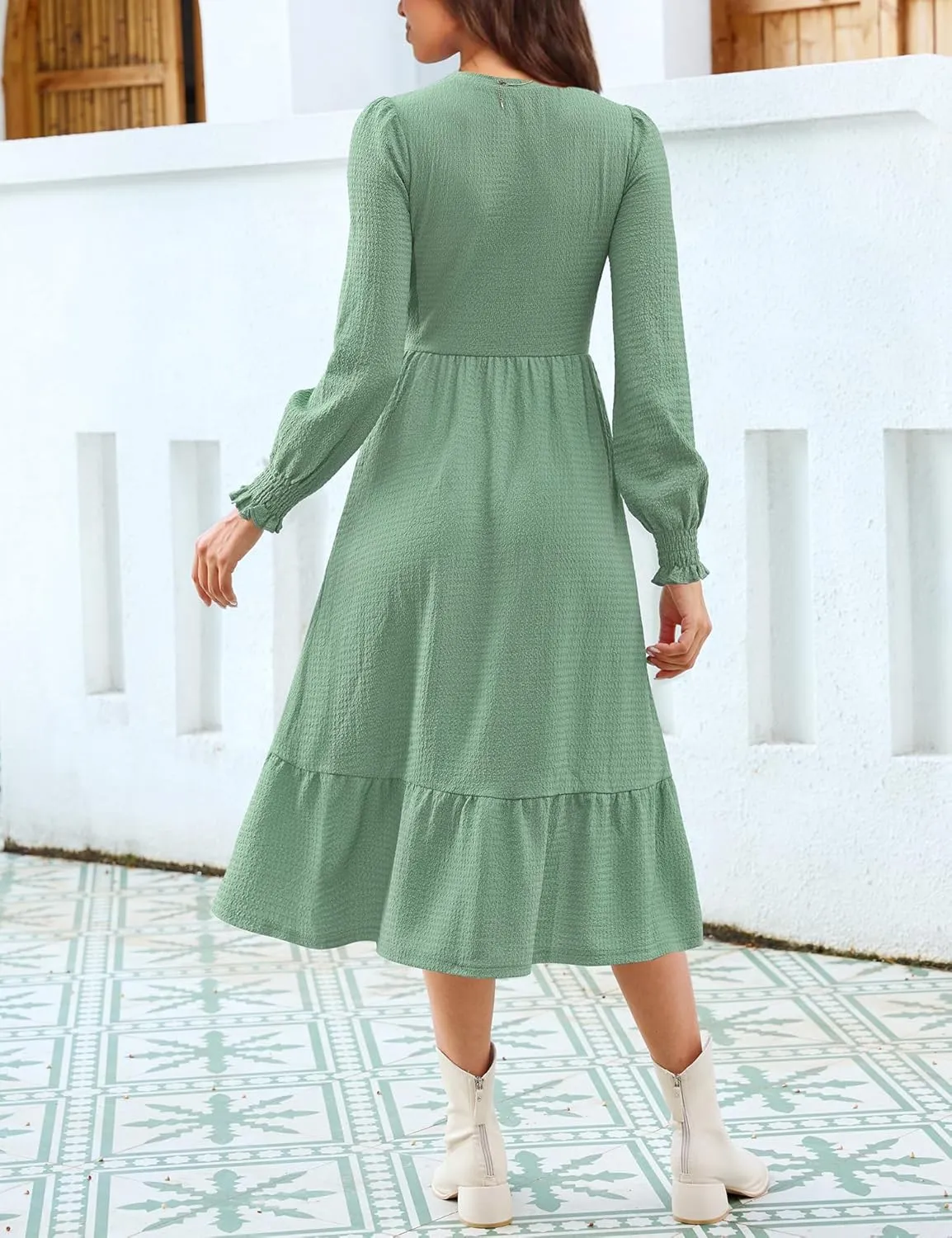 Kranda Women 2025 Fall Spring Long Sleeve Crewneck Causal Flowy Pleated Tiered A-Line Wedding Party Midi Dresses with Pockets