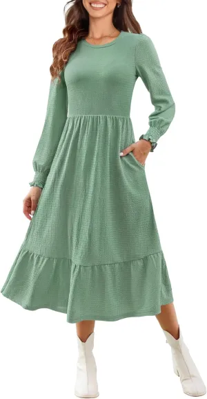 Kranda Women 2025 Fall Spring Long Sleeve Crewneck Causal Flowy Pleated Tiered A-Line Wedding Party Midi Dresses with Pockets