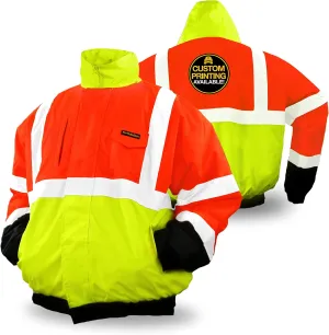 KwikSafety - Charlotte, NC - DISPATCHER Bomber Safety Jacket [FOLDABLE HOOD] Class 3 Hi Viz ANSI OSHA Reflective Work Gear/Orange Yellow Medium