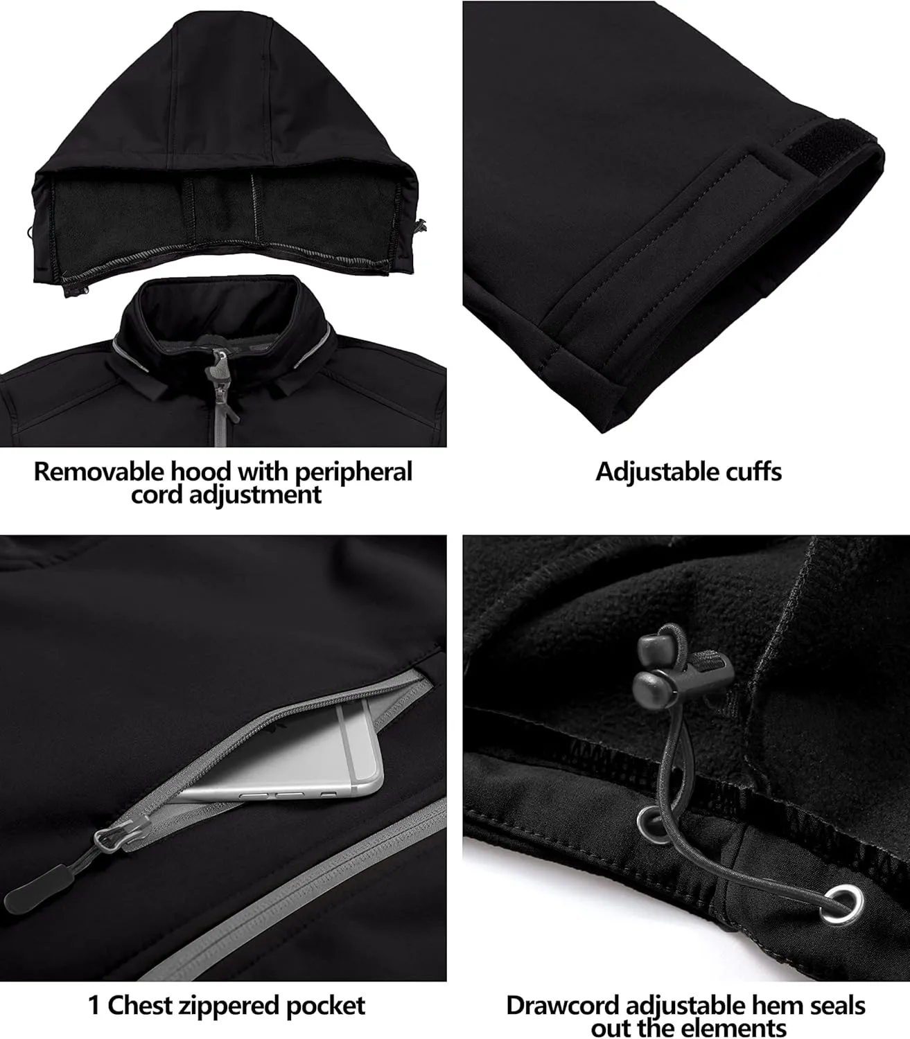 Little Donkey Andy Mens Softshell Jacket with Removable Hood, Fleece Lined