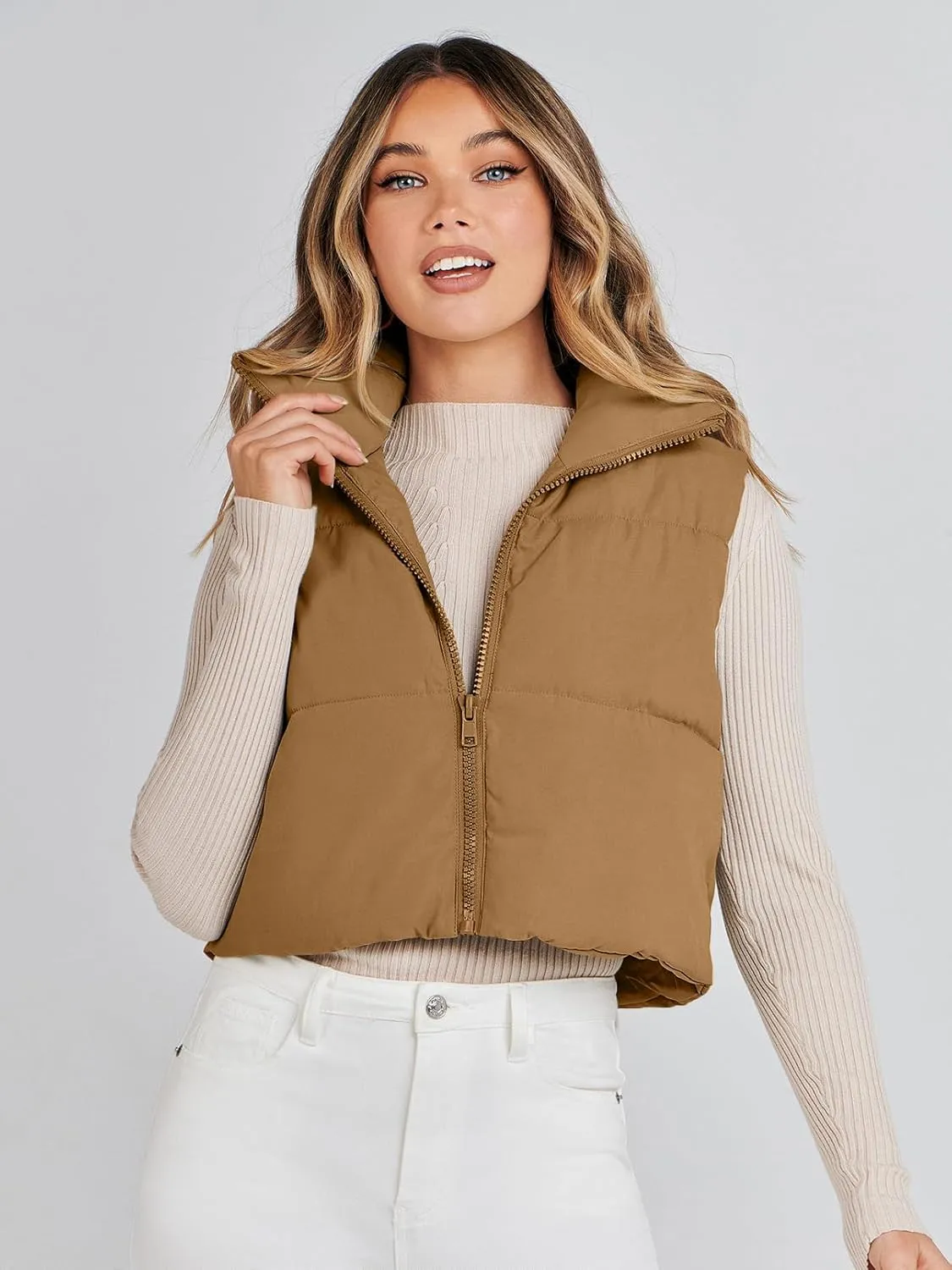 MEROKEETY Women's Crop Puffer Vest Lightweight Stand Collar Sleeveless Zip Up Padded Gilet Coat