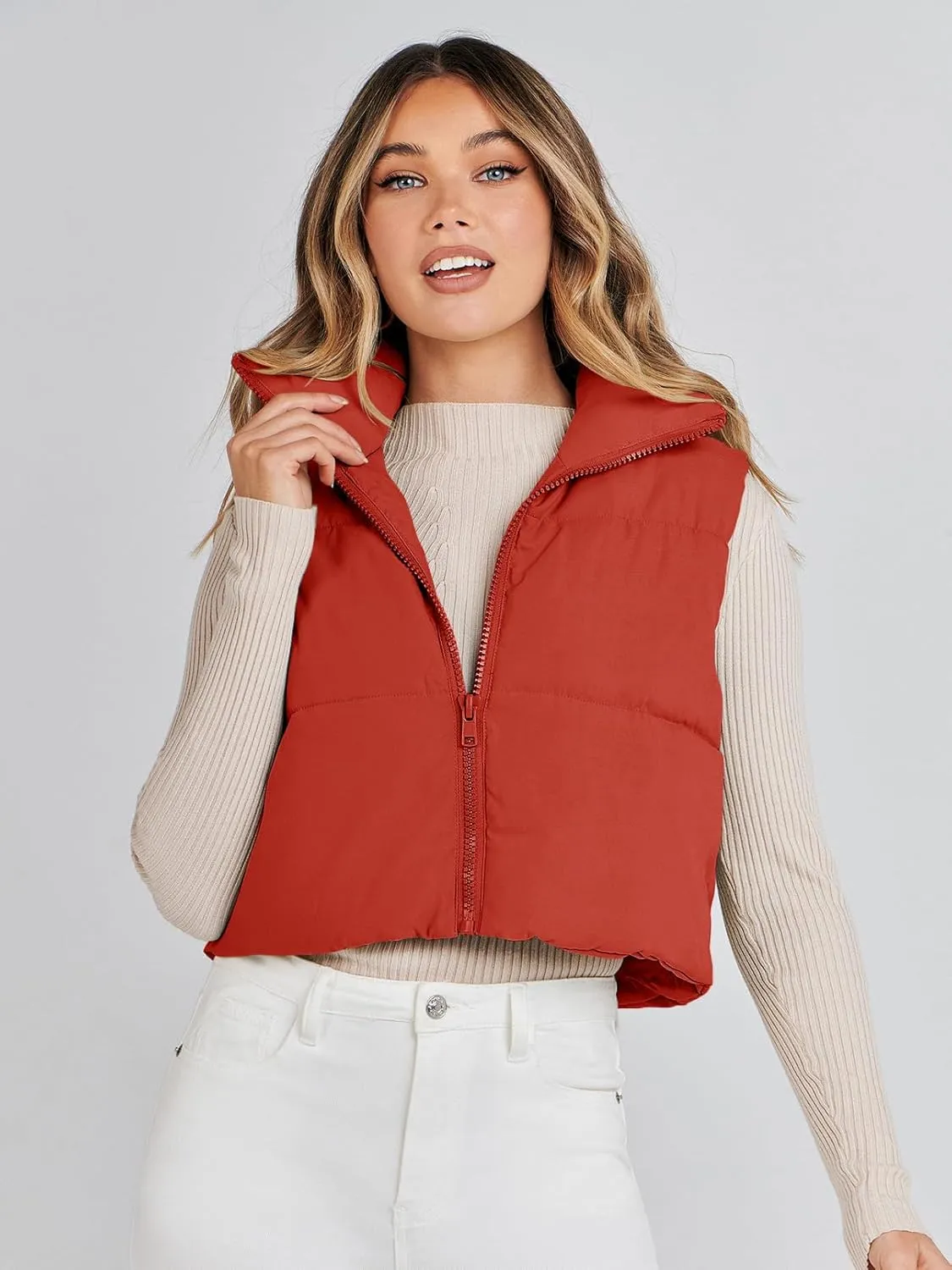 MEROKEETY Women's Crop Puffer Vest Lightweight Stand Collar Sleeveless Zip Up Padded Gilet Coat