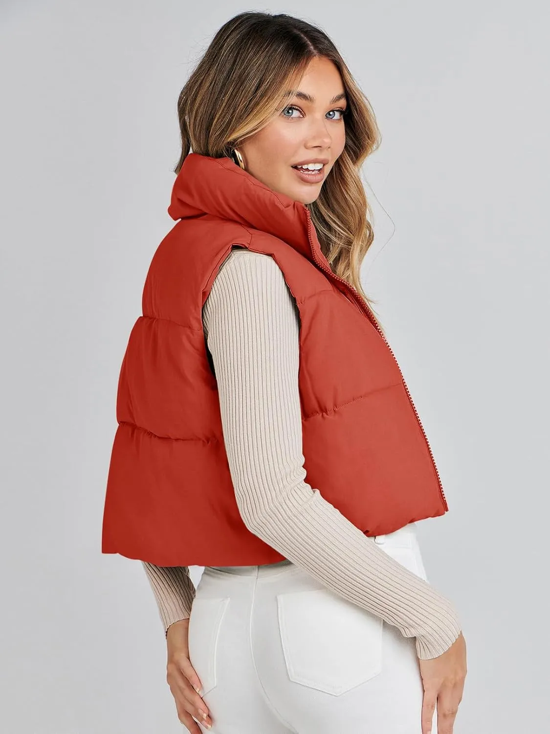 MEROKEETY Women's Crop Puffer Vest Lightweight Stand Collar Sleeveless Zip Up Padded Gilet Coat