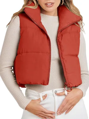 MEROKEETY Women's Crop Puffer Vest Lightweight Stand Collar Sleeveless Zip Up Padded Gilet Coat