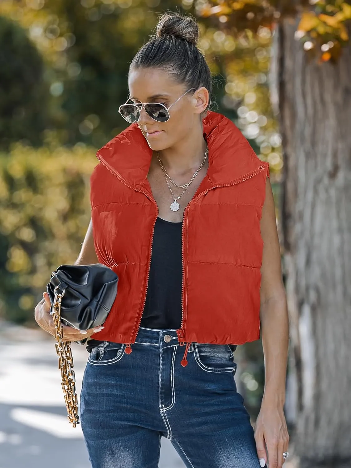MEROKEETY Women's Crop Puffer Vest Lightweight Stand Collar Sleeveless Zip Up Padded Gilet Coat