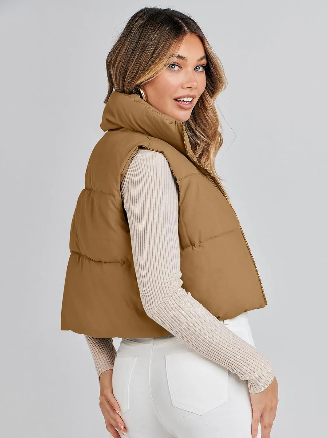 MEROKEETY Women's Crop Puffer Vest Lightweight Stand Collar Sleeveless Zip Up Padded Gilet Coat