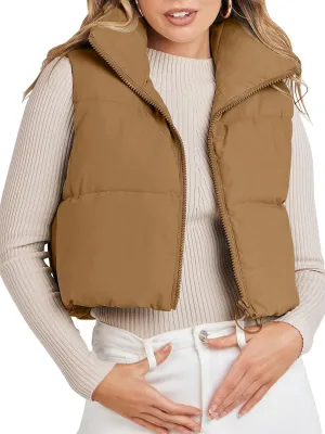 MEROKEETY Women's Crop Puffer Vest Lightweight Stand Collar Sleeveless Zip Up Padded Gilet Coat
