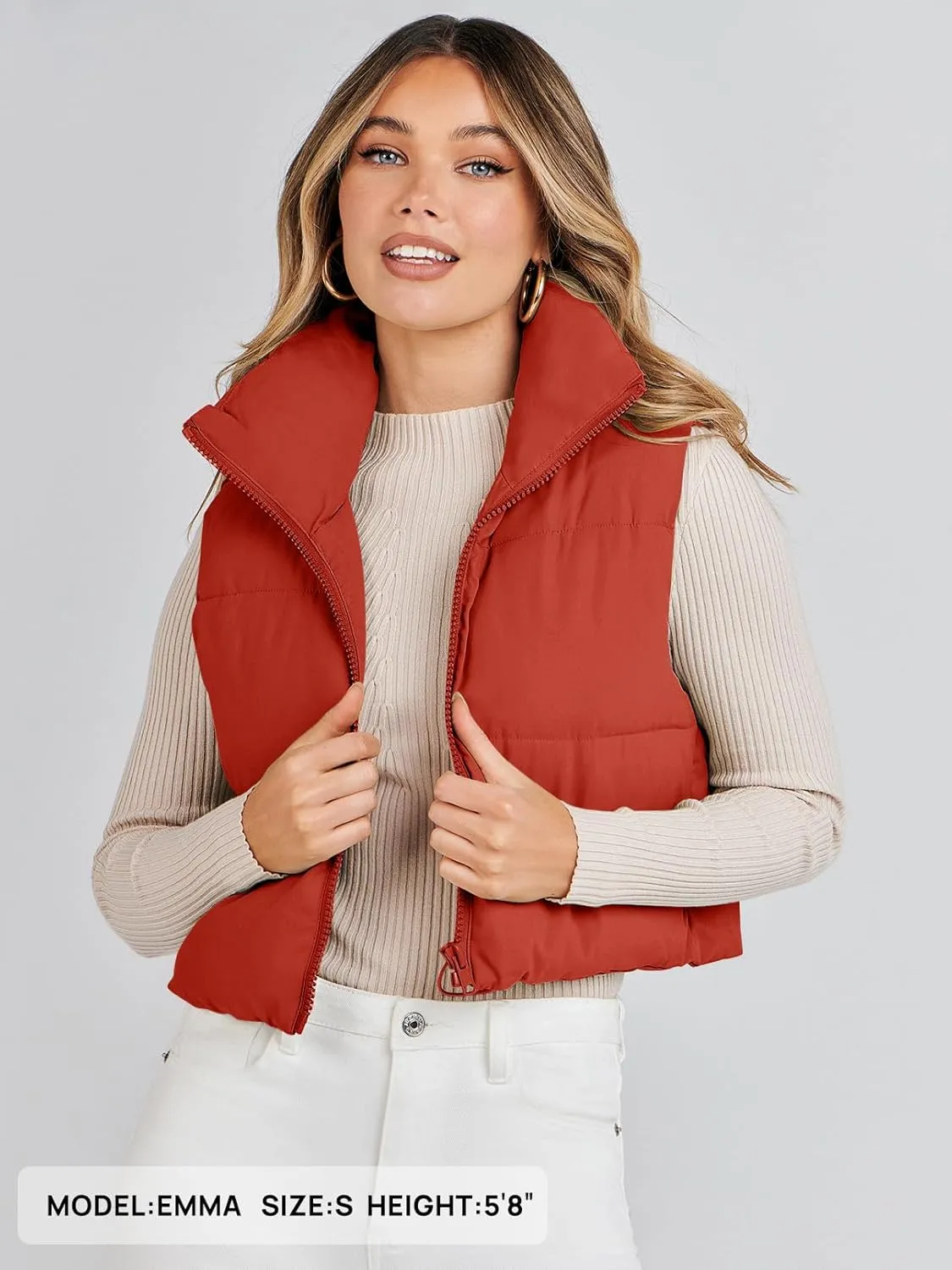 MEROKEETY Women's Crop Puffer Vest Lightweight Stand Collar Sleeveless Zip Up Padded Gilet Coat