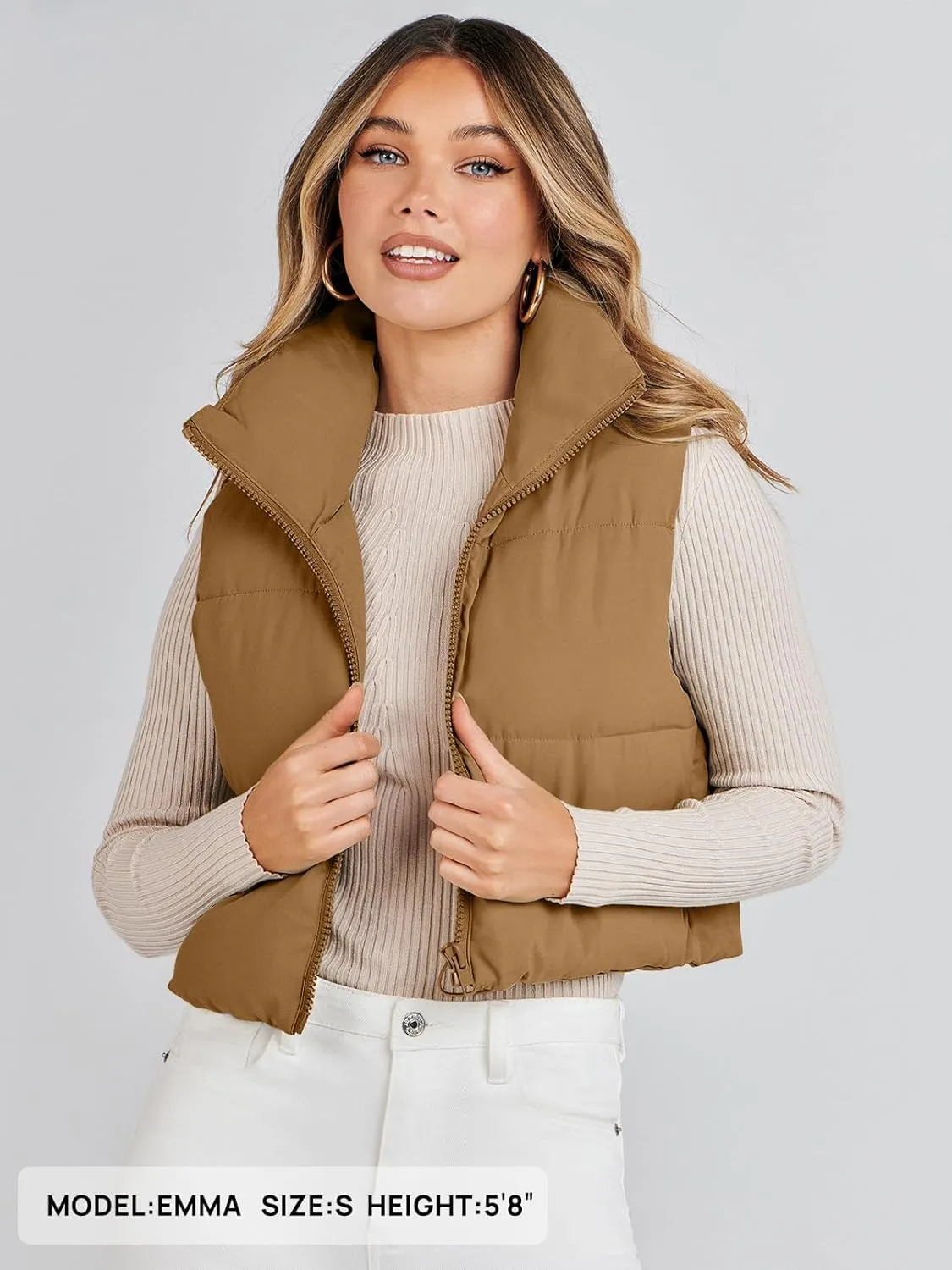 MEROKEETY Women's Crop Puffer Vest Lightweight Stand Collar Sleeveless Zip Up Padded Gilet Coat