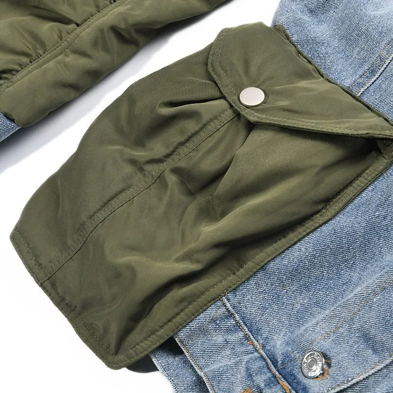 Pre Order:  Washed Denim Patchwork Stand Collar Jacket