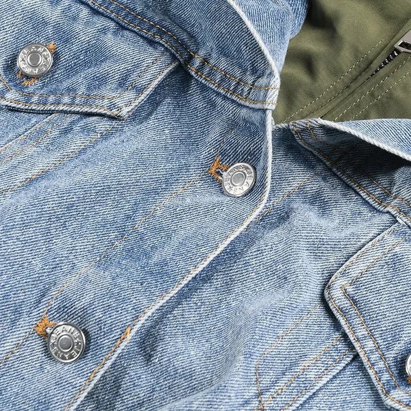 Pre Order:  Washed Denim Patchwork Stand Collar Jacket