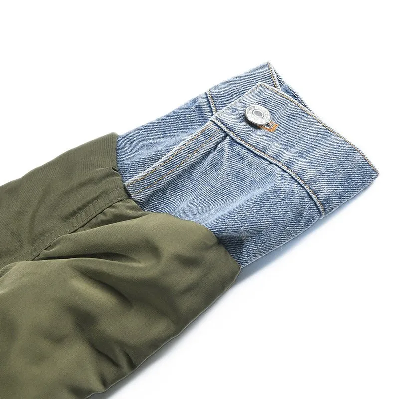 Pre Order:  Washed Denim Patchwork Stand Collar Jacket