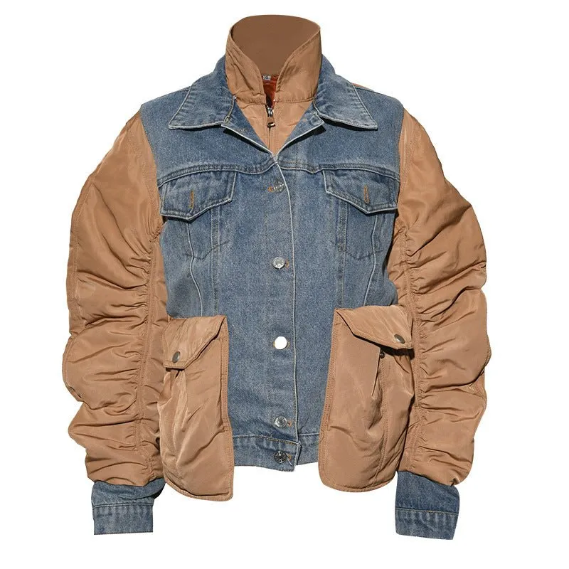Pre Order:  Washed Denim Patchwork Stand Collar Jacket
