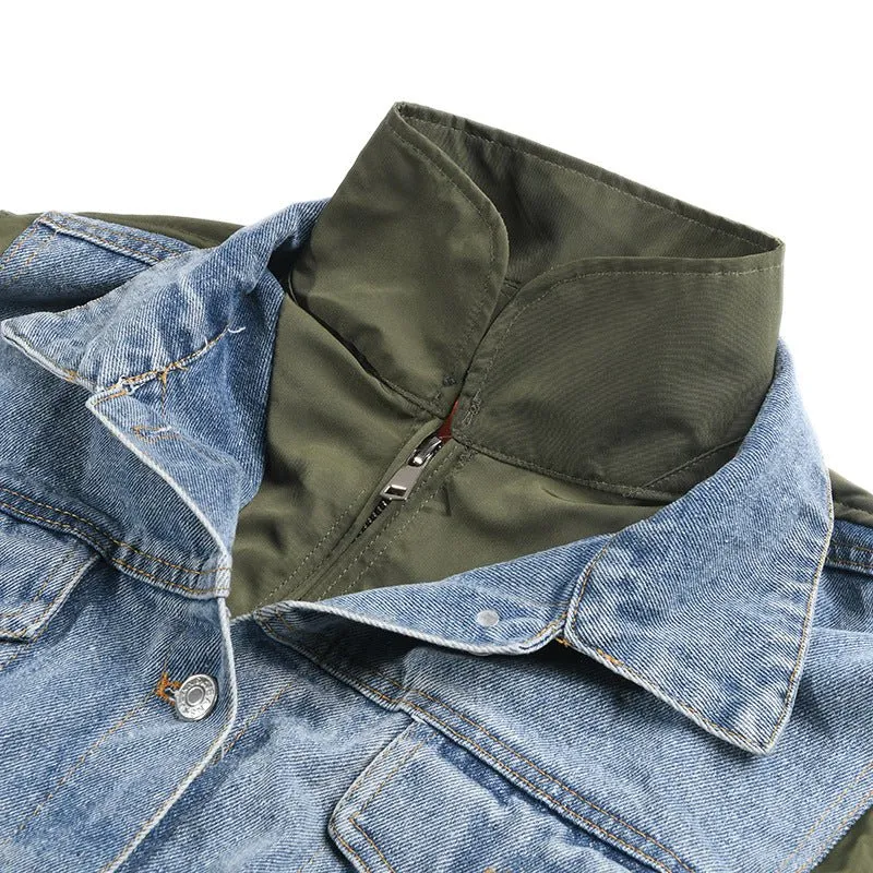 Pre Order:  Washed Denim Patchwork Stand Collar Jacket