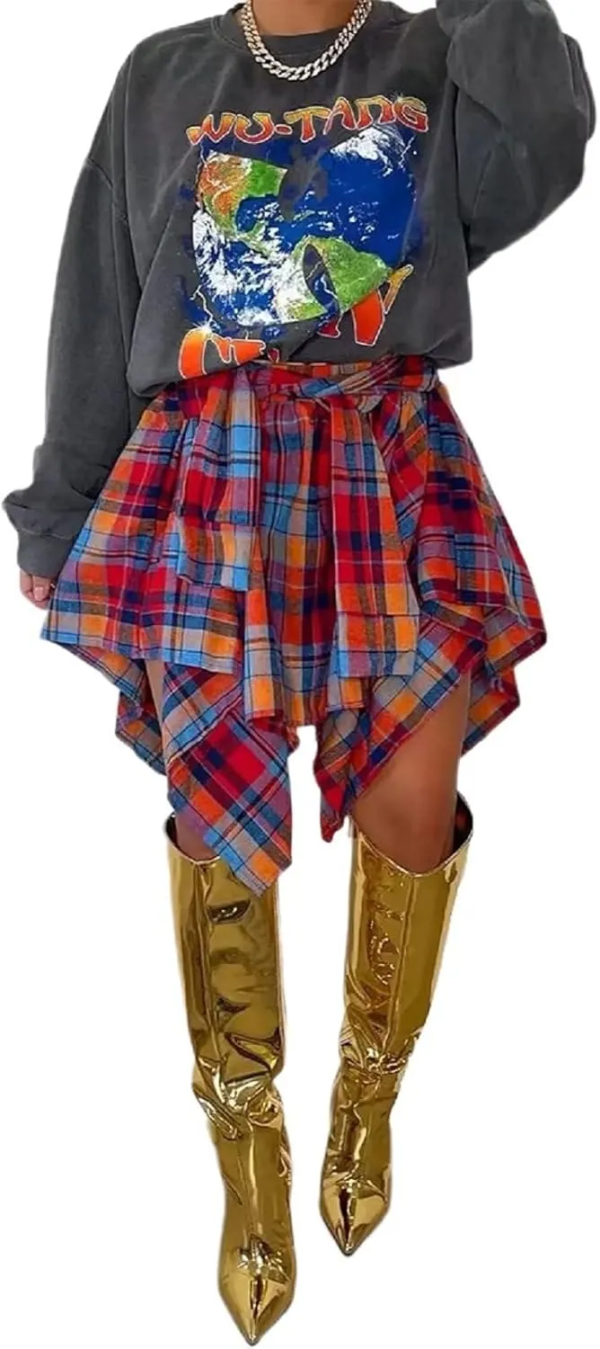 RAMOUG Summer Knot Skirts for Women Plaid Asymmetrical Hem High Waist Y2K Mini Short Skirt