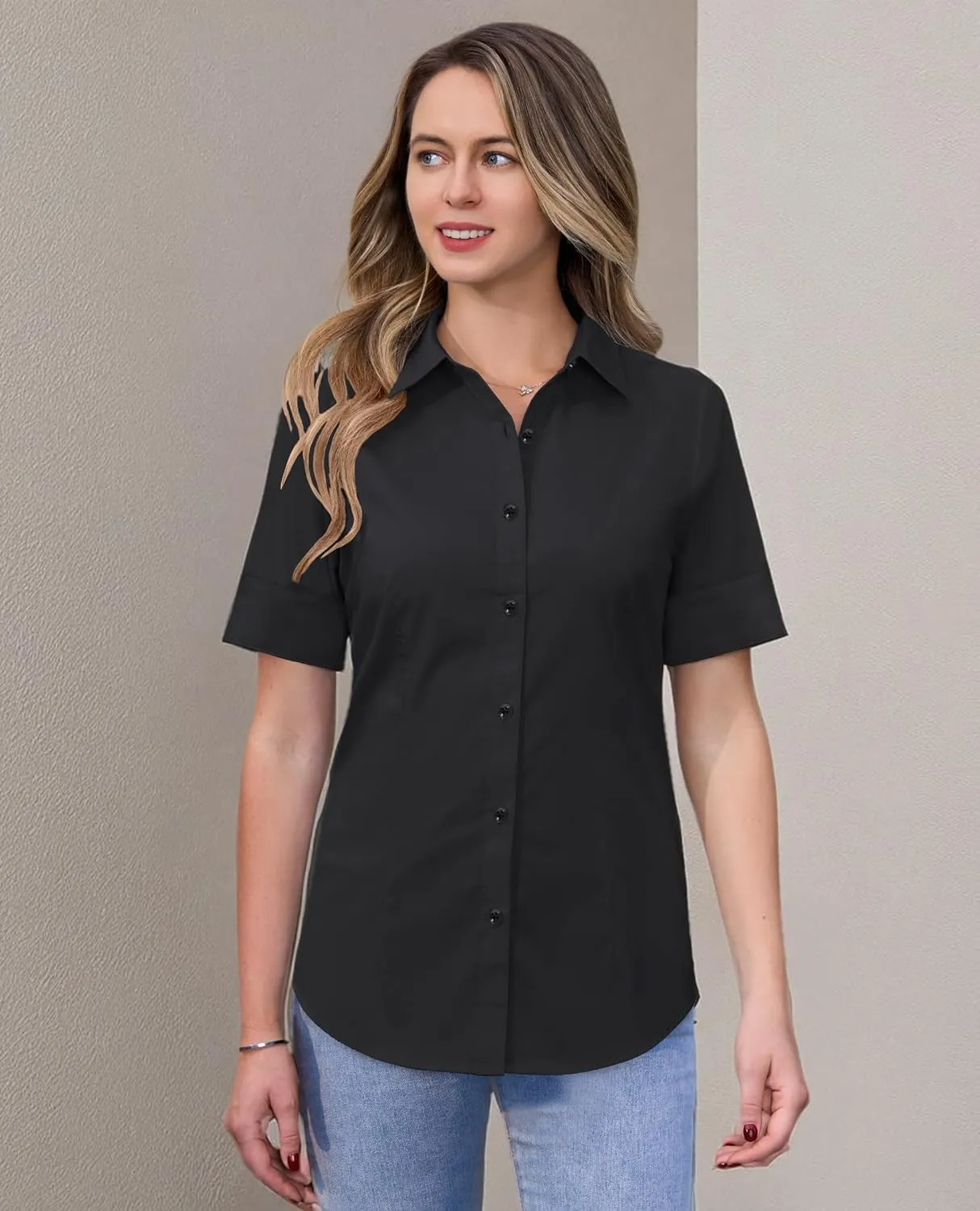 siliteelon Short Sleeve Button Dress Shirts for Women Cotton Button Down Shirts for Women Slim Fit Blouse Top 3/4 Sleeve