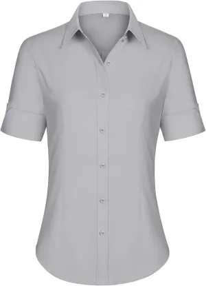 siliteelon Short Sleeve Button Dress Shirts for Women Cotton Button Down Shirts for Women Slim Fit Blouse Top 3/4 Sleeve