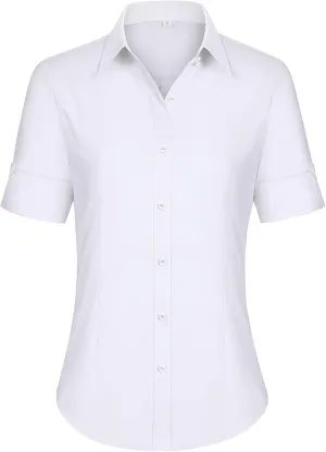 siliteelon Short Sleeve Button Dress Shirts for Women Cotton Button Down Shirts for Women Slim Fit Blouse Top 3/4 Sleeve