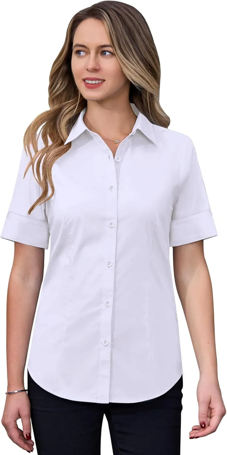 siliteelon Short Sleeve Button Dress Shirts for Women Cotton Button Down Shirts for Women Slim Fit Blouse Top 3/4 Sleeve