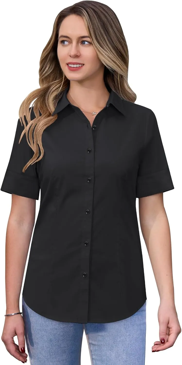 siliteelon Short Sleeve Button Dress Shirts for Women Cotton Button Down Shirts for Women Slim Fit Blouse Top 3/4 Sleeve