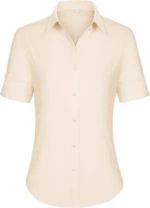 siliteelon Short Sleeve Button Dress Shirts for Women Cotton Button Down Shirts for Women Slim Fit Blouse Top 3/4 Sleeve