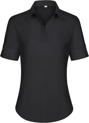 siliteelon Short Sleeve Button Dress Shirts for Women Cotton Button Down Shirts for Women Slim Fit Blouse Top 3/4 Sleeve