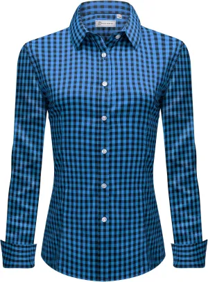 siliteelon Womens Plaid Dress Shirts Long Sleeve Button Down Wrinkle-Free Stretch Solid Casual Work Office Blouse Top