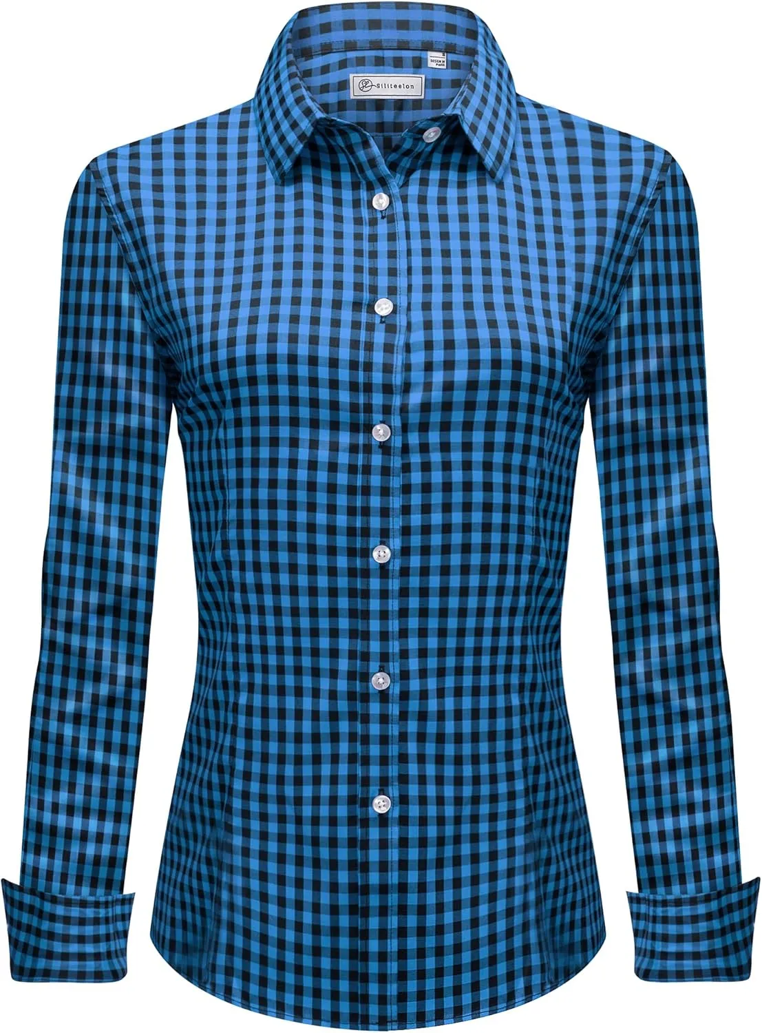 siliteelon Womens Plaid Dress Shirts Long Sleeve Button Down Wrinkle-Free Stretch Solid Casual Work Office Blouse Top