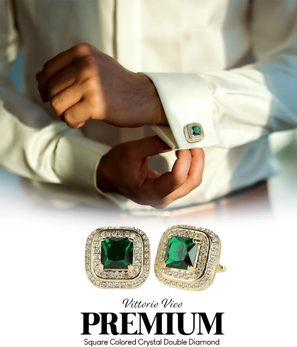 Square Colored Crystal Double Diamond Set Cufflinks