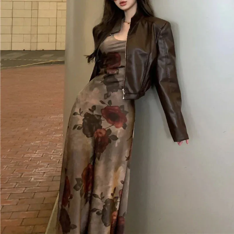 Territory 2024 Autumn New Korean Lapel Solid Color Casual Leather Long-sleeved Jacket Women   Floral Tie-dyed Sling Dress Two-piece Suit