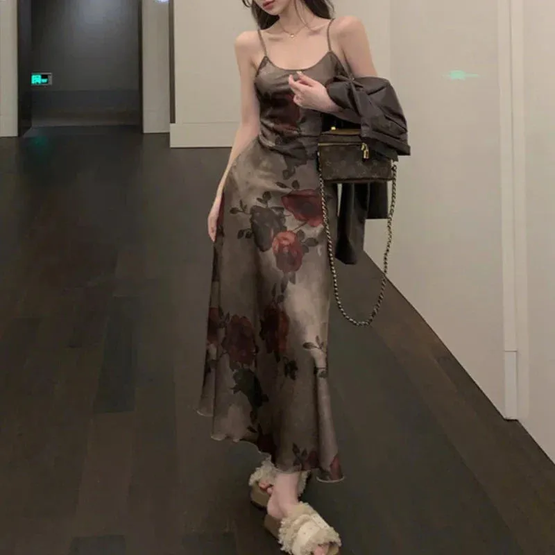 Territory 2024 Autumn New Korean Lapel Solid Color Casual Leather Long-sleeved Jacket Women   Floral Tie-dyed Sling Dress Two-piece Suit