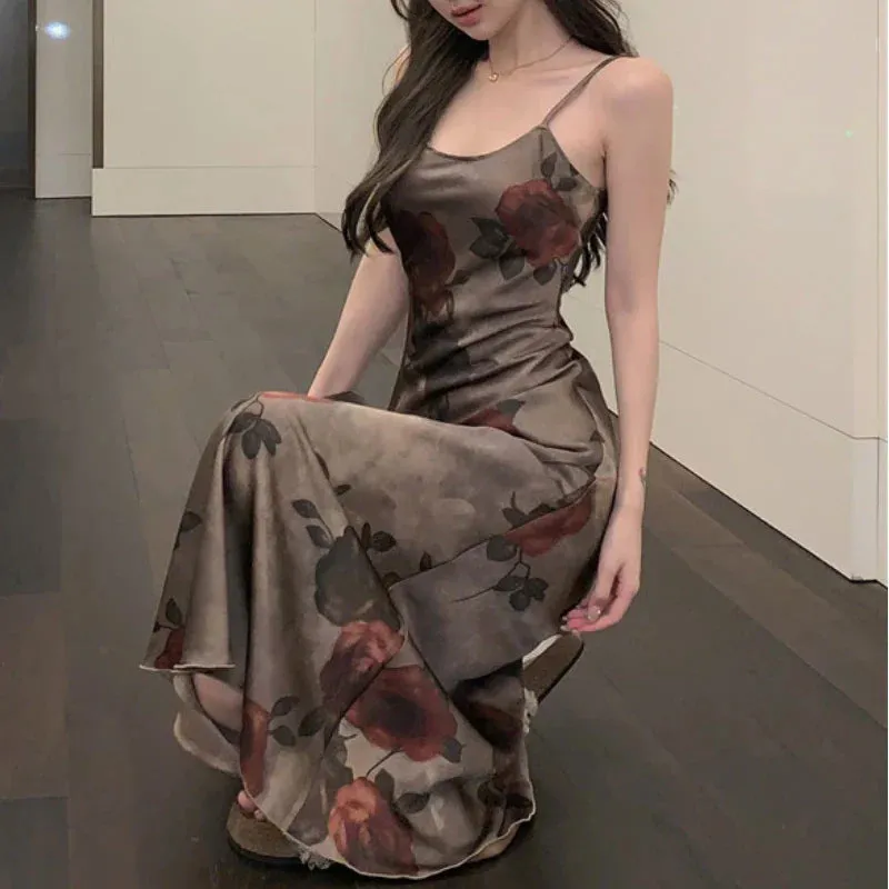 Territory 2024 Autumn New Korean Lapel Solid Color Casual Leather Long-sleeved Jacket Women   Floral Tie-dyed Sling Dress Two-piece Suit