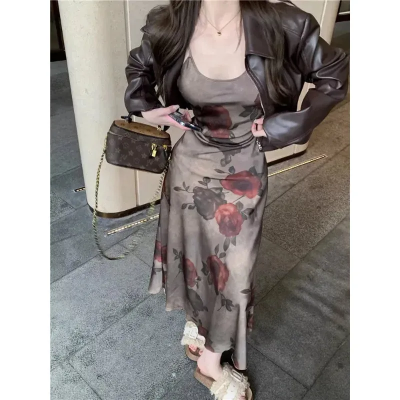 Territory 2024 Autumn New Korean Lapel Solid Color Casual Leather Long-sleeved Jacket Women   Floral Tie-dyed Sling Dress Two-piece Suit