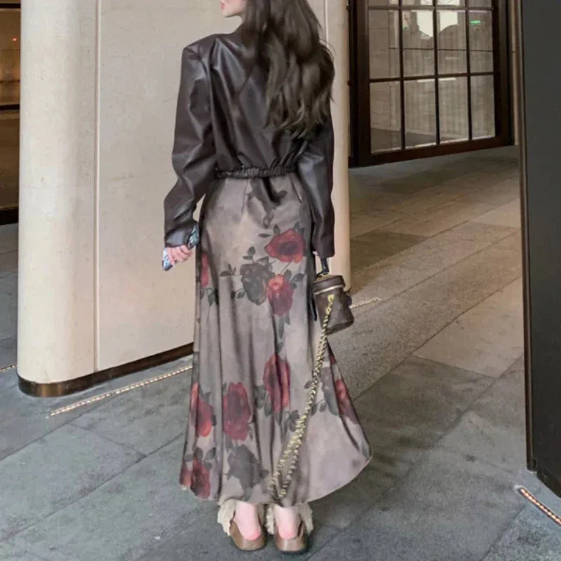 Territory 2024 Autumn New Korean Lapel Solid Color Casual Leather Long-sleeved Jacket Women   Floral Tie-dyed Sling Dress Two-piece Suit