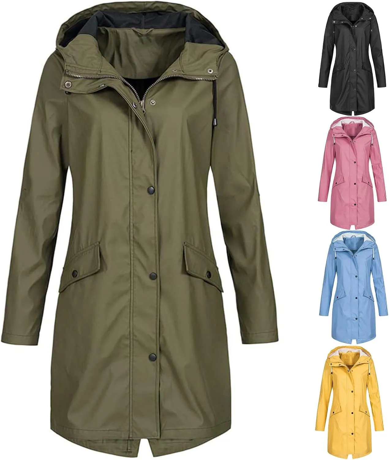 Trench Coats for Women Waterproof Long Hooded Rain Jackets Lightweight Button Down Workout Windbreaker with Pockets