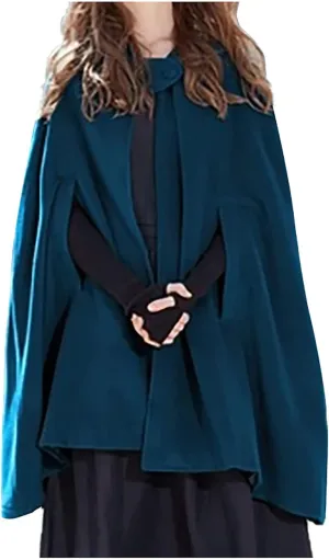 tuduoms Women's Vintage Trench Cape Wool Blend Hooded Coat Poncho Halloween Witch Cosplay Costumes Hooded Cape Short Cloak