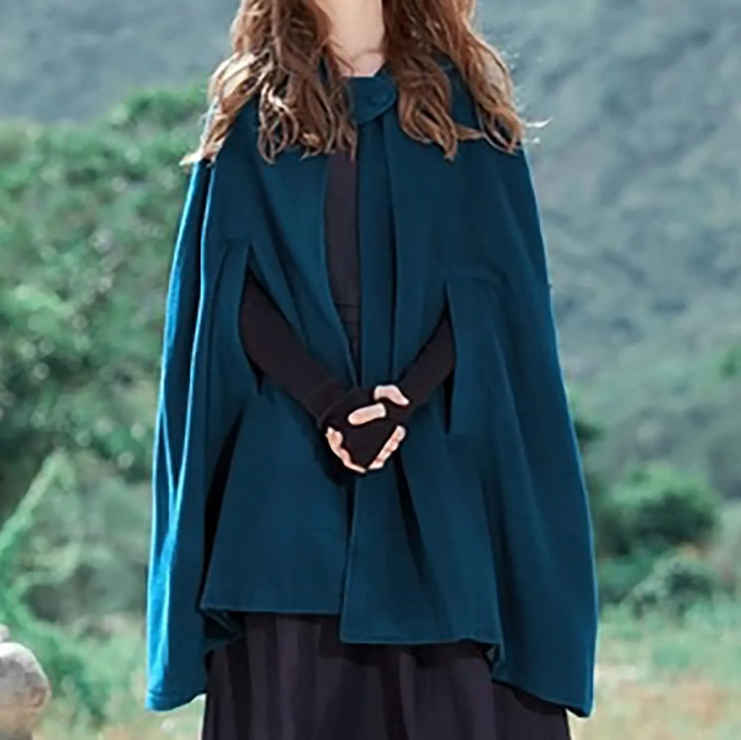 tuduoms Women's Vintage Trench Cape Wool Blend Hooded Coat Poncho Halloween Witch Cosplay Costumes Hooded Cape Short Cloak