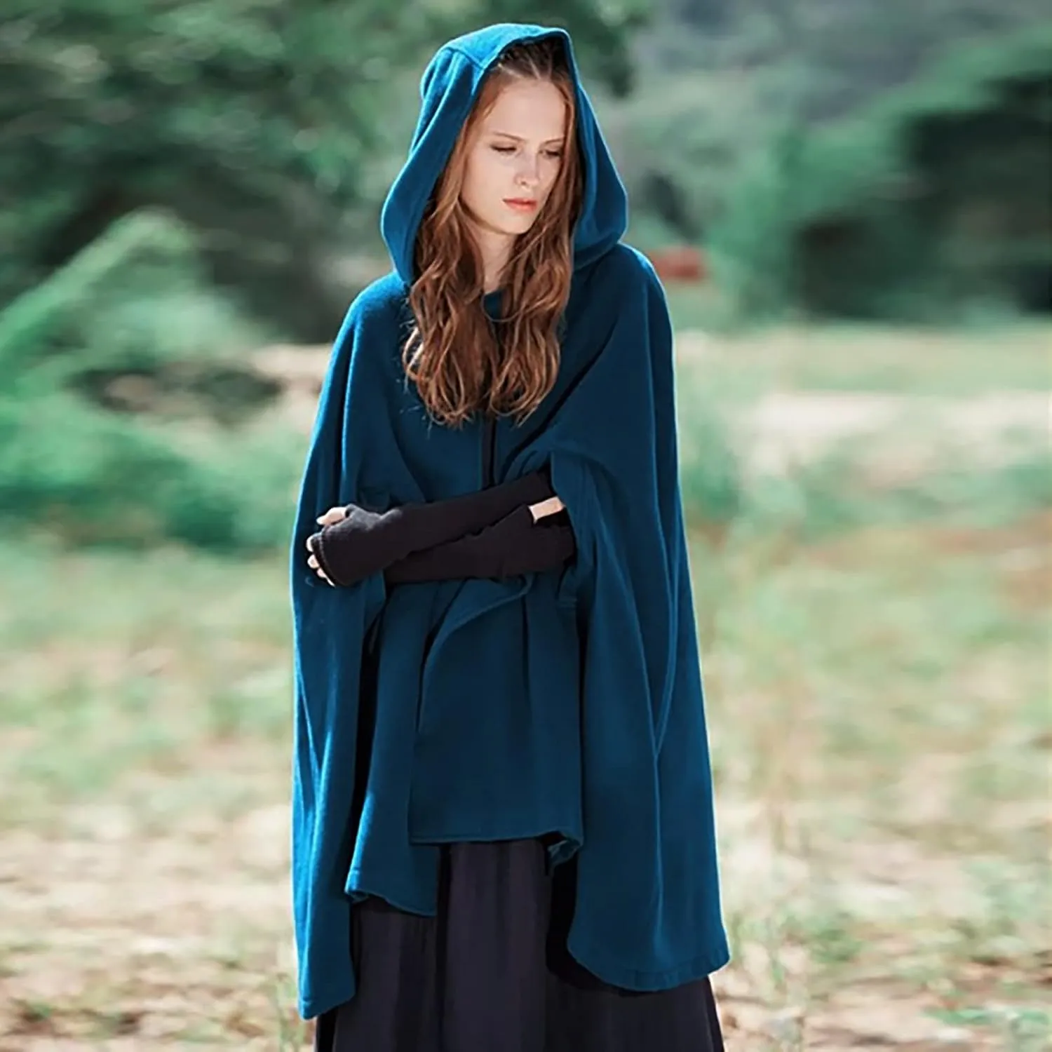 tuduoms Women's Vintage Trench Cape Wool Blend Hooded Coat Poncho Halloween Witch Cosplay Costumes Hooded Cape Short Cloak