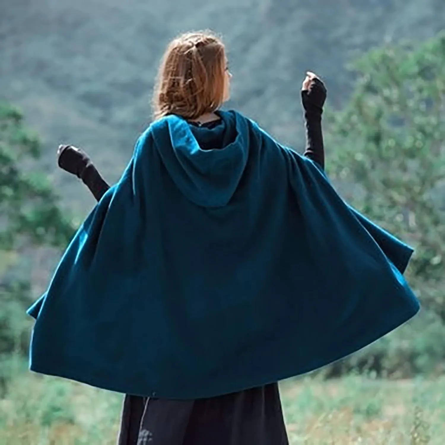 tuduoms Women's Vintage Trench Cape Wool Blend Hooded Coat Poncho Halloween Witch Cosplay Costumes Hooded Cape Short Cloak