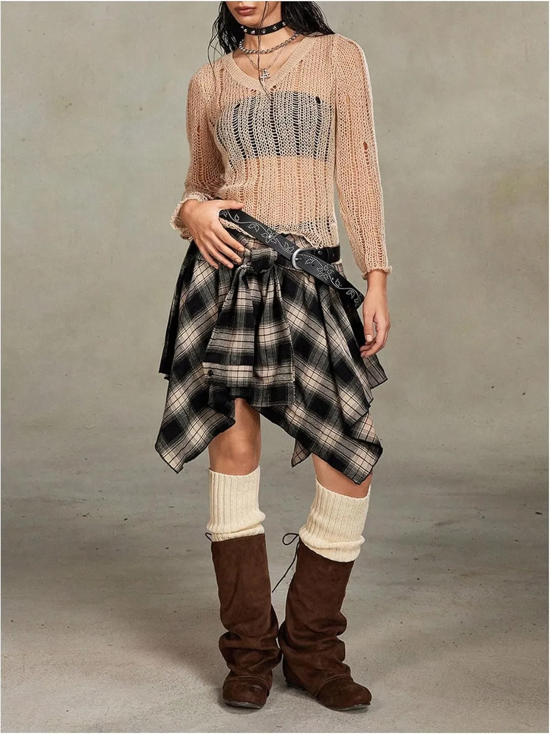 Verdusa Women's Y2k Plaid Print Tie Front Vintage Skirts Asymmetrical Loose Flowy Skater Skirt