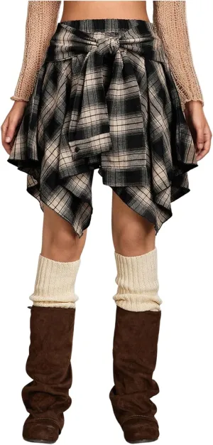 Verdusa Women's Y2k Plaid Print Tie Front Vintage Skirts Asymmetrical Loose Flowy Skater Skirt