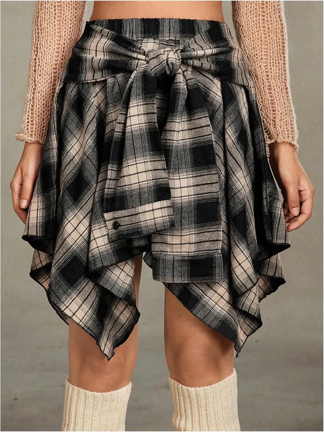 Verdusa Women's Y2k Plaid Print Tie Front Vintage Skirts Asymmetrical Loose Flowy Skater Skirt