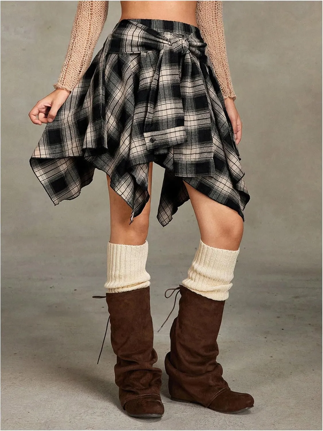 Verdusa Women's Y2k Plaid Print Tie Front Vintage Skirts Asymmetrical Loose Flowy Skater Skirt