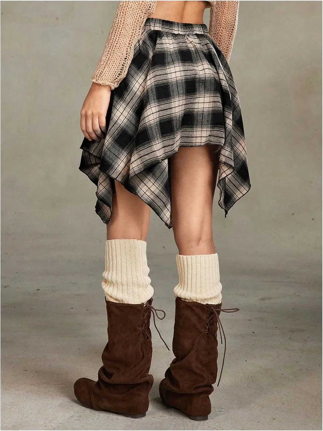 Verdusa Women's Y2k Plaid Print Tie Front Vintage Skirts Asymmetrical Loose Flowy Skater Skirt